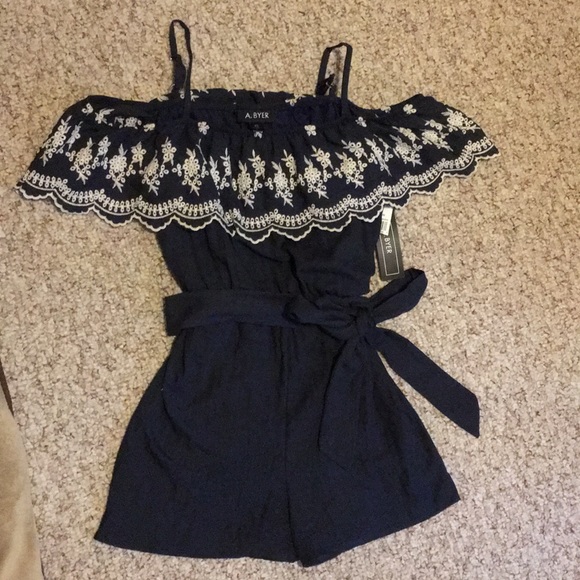 NWT A. BYER blue off the shoulder strap romper - Picture 4 of 13